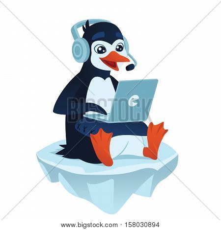 Cute cartoon penguin with a laptop playing video games and sitting on an ice floe. Vector illustration of cute penguin gamer with his laptop on a pillow in flat cartoon style on a white background.