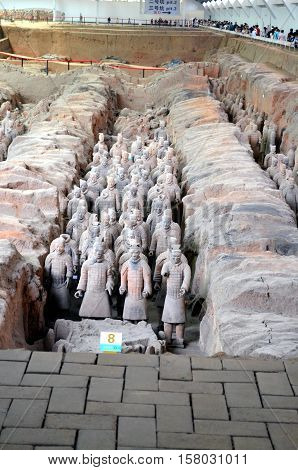 XIAN - MAY 11: exhibition of the famous Chinese Terracotta Army (Terracotta Warriors) on MAY 11 2016 in Xian of Shaanxi Province China. The Terracotta Army (Terracotta Warriors) are made in 210-209 BCE to protect the the Qin Shi Huang's emperor in his aft