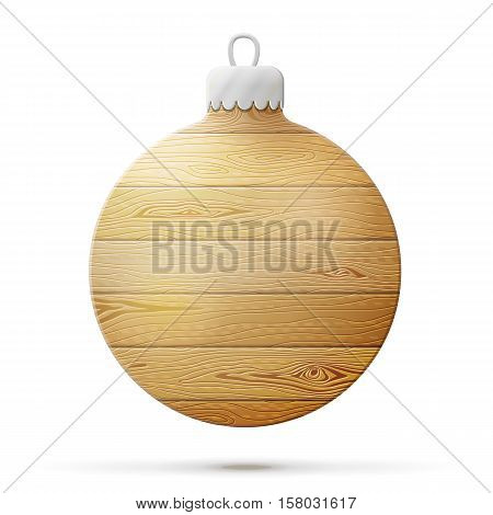 Holiday bauble of wood isolated on white. Wooden planks in shape of christmas tree ball. Vector illustration for christmas new years day woodworking winter holiday decoration silvester etc