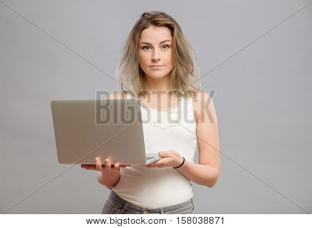 Smart Beautiful Young Girl Using Laptop