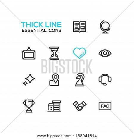 Business Essential - modern vector plain simple thick line design icons and pictograms set. Newspaper, globe, picture, hourglass, heart, eye, stars, location, chess piece, headset, cup building handshake faq