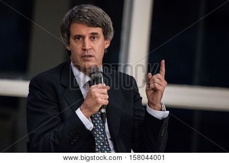Olivos, Argentina - May 6, 2016: Minister of the Economy Alfonso Prat-Gay during a press conference for the foreign press at the presidential residence in Olivos, Buenos Aires on May 6, 2016.