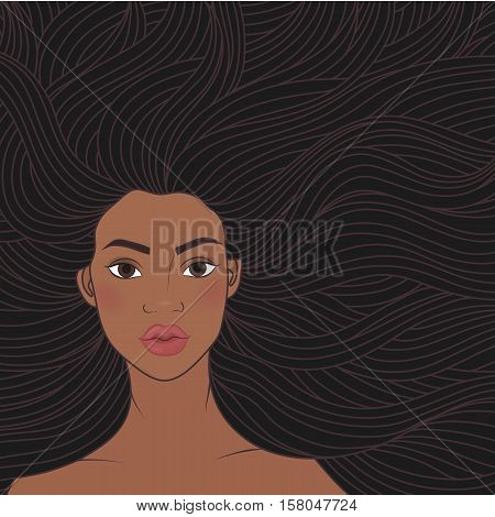 Vector illustration African beauty girl with very long hair. A woman model, fashion beauty salon. African-American hairstyle. For signs, banners, advertisements, business cards