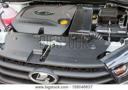 SAMARA RUSSIA - SEPTEMBER 11 2016: Hood space of the New Russian Car Lada XRAY. Lada is a Russian automobile manufacturer