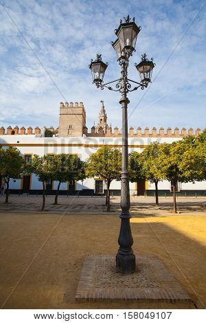 Seville cathedral Giralda tower from Alcazar of Sevilla Andalusia Spain. The Alcázar of Seville is a royal palace in Seville Spain originally developed by Moorish Muslim kings.