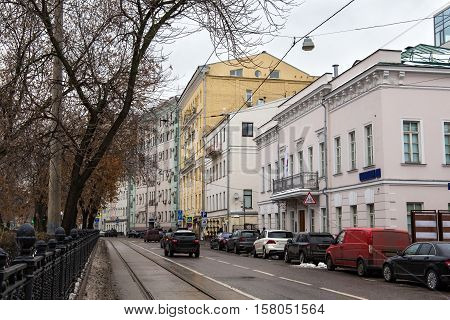 Roadway of Chistoprudny Boulevard in Moscow with old historical buildings. Chistoprudny Boulevard (Clear Ponds) is a major boulevard in the central part of Moscow.