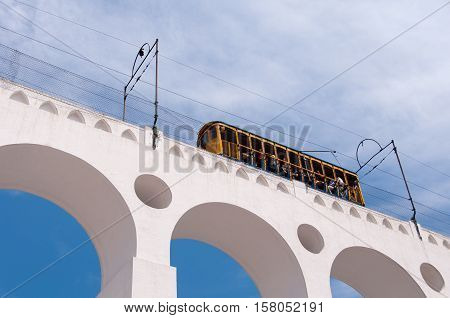 Iconic Tram of Santa Teresa is Crossing the Arch of Lapa in Rio de Janeiro, Brazil