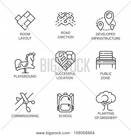 Set of nine logo in outline style. Simple black line image of development of urban and road infrastructure, public areas, landscaping and more. Label for your design needs. Vector contour graphics