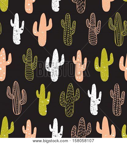 Hipster cactus seamless pattern. Cacti tribal boho background. Fabric print design. Succulent textile surface.