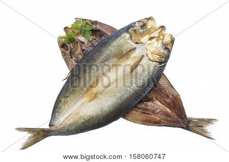 Two Smoked herring on a white background