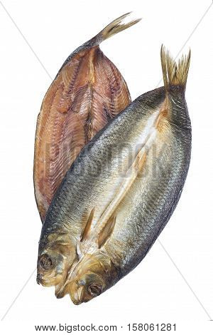 Two Smoked herring on a white background