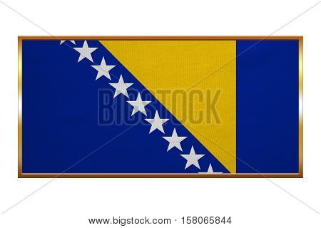 Bosnian and Herzegovinian national official flag. Patriotic symbol banner element background. Correct colors. Flag of Bosnia and Herzegovina golden frame textured illustration. Accurate size color
