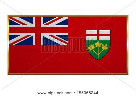 Ontarian provincial flag patriotic element and official symbol. Canada banner and background. Flag of the Canadian province of Ontario golden frame fabric texture illustration. Accurate size color