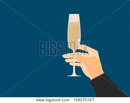 Hand With Glass Of Champagne In Flat Style. Vector Illustration.