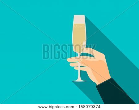 Hand With Glass Of Champagne In Flat Style. Vector Illustration.