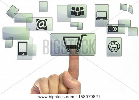 business man hand pressing a touchscreen button. Business and shopping concept