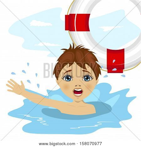 young boy screaming in water while somebody throws a ring buoy lifebuoy