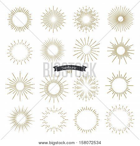 Set of sunburst design elements gold color. Vintage style elements for graphic and website design. Vector light rays elements