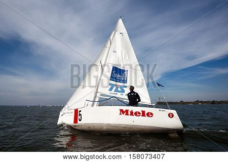 Kiev, Ukraine - September 30, 2016: Sailing yacht training day. Day before race on the Kiev reservoir or pond