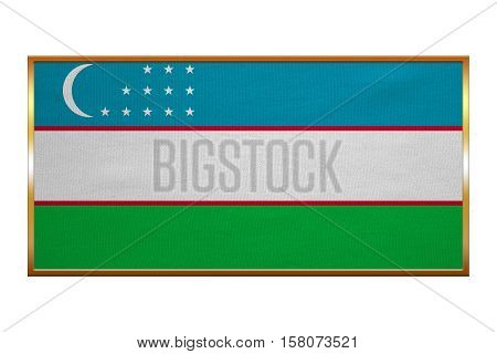 Uzbek national official flag. Patriotic symbol banner element background. Correct colors. Flag of Uzbekistan golden frame fabric texture illustration. Accurate size colors