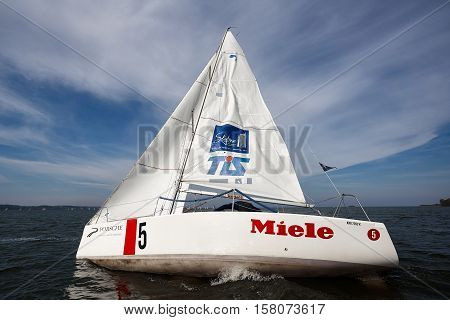 Kiev, Ukraine - September 30, 2016: Sailing yacht training day. Day before race on the Kiev reservoir or pond