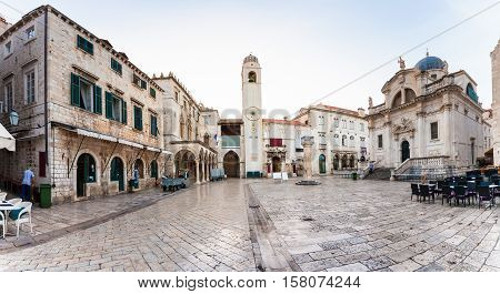 Stradun street at old part of the city early in the morning. Dubrovnic, Croatia. Fortification.
