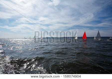 Kiev, Ukraine - September 30, 2016: Sailing yacht training day. Day before race on the Kiev reservoir or pond