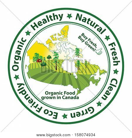 Organic food grown in Canada - stamp for print. Contains the map of the Canada with agricultural field on the background.