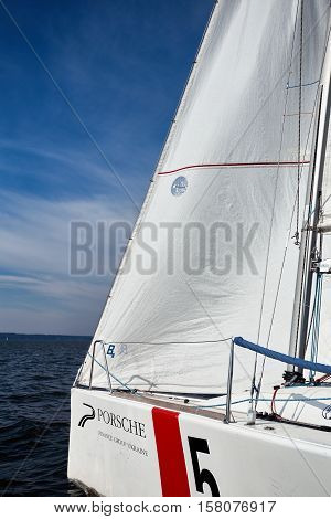Kiev, Ukraine - September 30, 2016: Sailing yacht training day. Day before race on the Kiev reservoir or pond