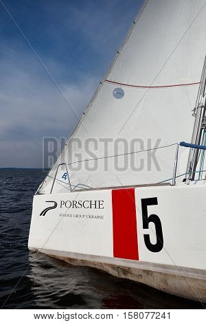 Kiev, Ukraine - September 30, 2016: Sailing yacht training day. Day before race on the Kiev reservoir or pond