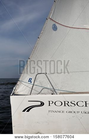 Kiev, Ukraine - September 30, 2016: Sailing yacht training day. Day before race on the Kiev reservoir or pond