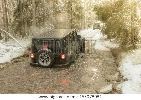 Leningrad Oblast, Russia, February 16, 2013. Off-road expedition Jeep Wrangler, the Jeep Wrangler is a compact four wheel drive off road and sport utility vehicle