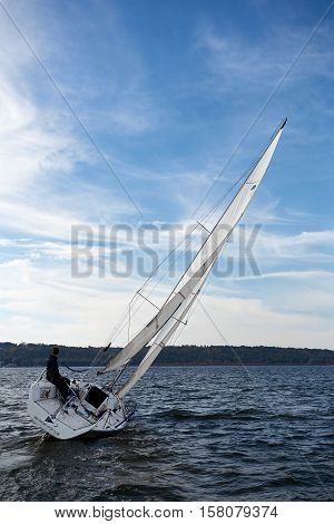 Kiev, Ukraine - September 30, 2016: Sailing yacht training day. Day before race on the Kiev reservoir or pond