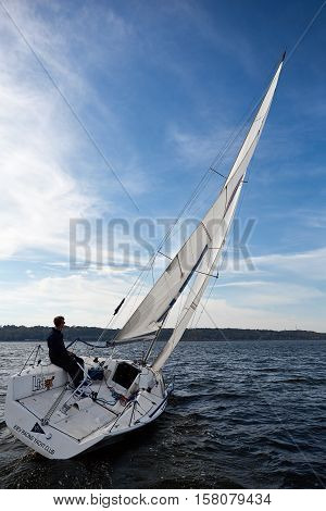 Kiev, Ukraine - September 30, 2016: Sailing yacht training day. Day before race on the Kiev reservoir or pond