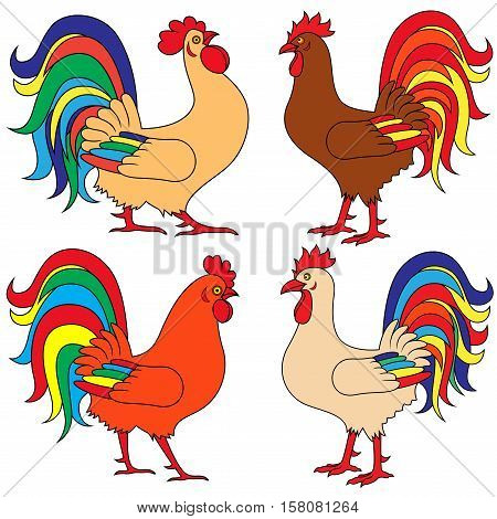 Set Of Four Colourful Roosters