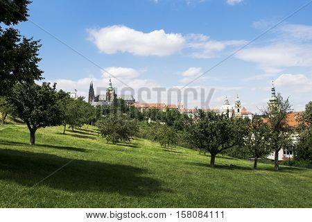 Petrin Hill park in Prague. View on the St. Nicholas Church