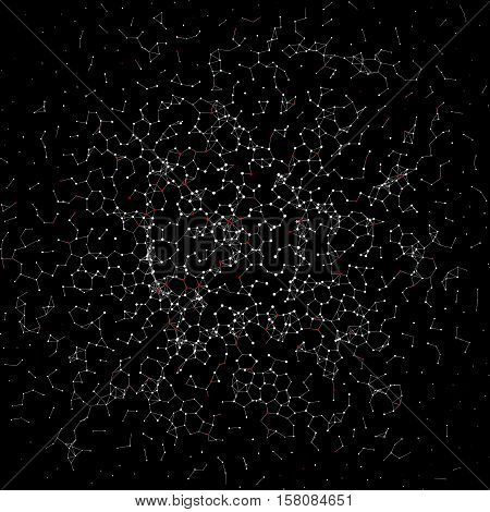 Plexus atomic lattice on a black background. Background of cybernetic particles. 3d rendering