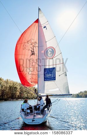 Kiev, Ukraine - September 30, 2016: Sailing yacht training day. Day before race on the Kiev reservoir or pond