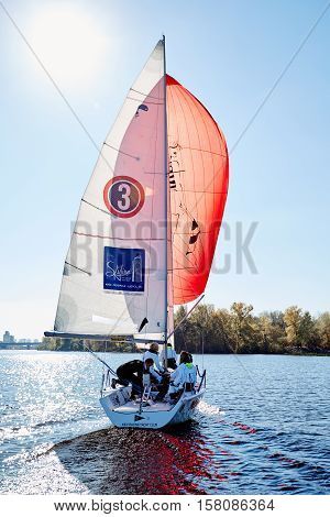 Kiev, Ukraine - September 30, 2016: Sailing yacht training day. Day before race on the Kiev reservoir or pond