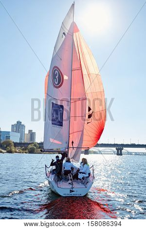 Kiev, Ukraine - September 30, 2016: Sailing yacht training day. Day before race on the Kiev reservoir or pond