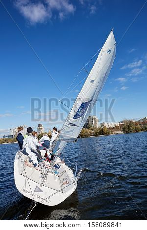 Kiev, Ukraine - September 30, 2016: Sailing yacht training day. Day before race on the Kiev reservoir or pond