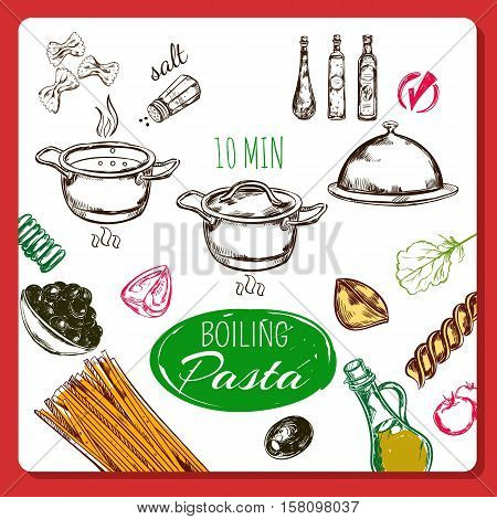 Homemade pasta recipe background with frame sketch images of pots dishes ingredients and cooking instruction infographics vector illustration