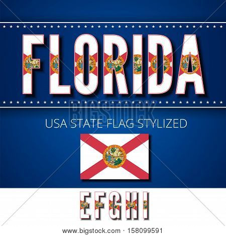 Florida USA state flag font. Alphabet characters stylized by state flag. Vector typeset part 2, letters e-i
