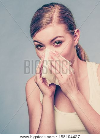Sick Woman Using Paper Tissue, Headcold Problem