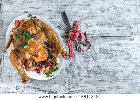 Served Whole Roasted Chicken With Vegetables