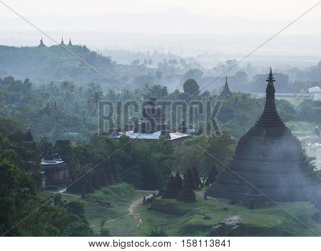 Evening view of Mrauk U the ancient temple city in the Rakhine State of Myanmar.