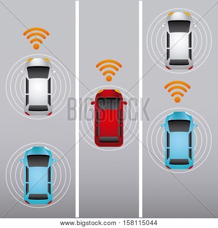 colorful autonomous cars vehicles  with wireless waves over street. ecology,  smart and techonology concept. top view. vector illustration