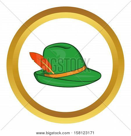 Green hat with a feather vector icon in golden circle, cartoon style isolated on white background