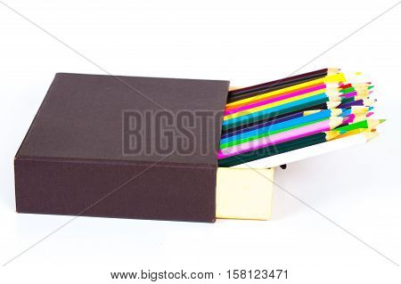 Open Box And Color Pancil Isolated On A White Background