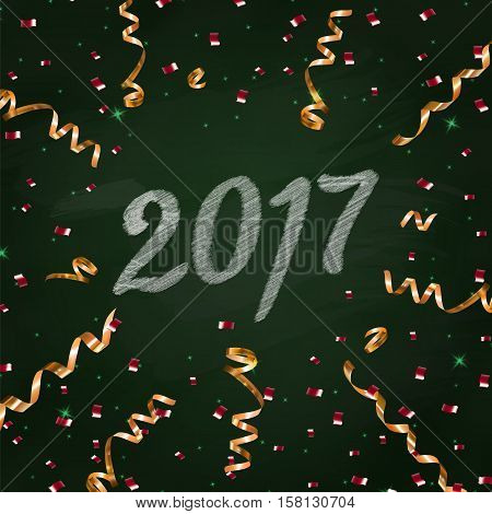 New Year 2017 on green chalk board. Hand drawing style. Design template with  serpentine and confetti